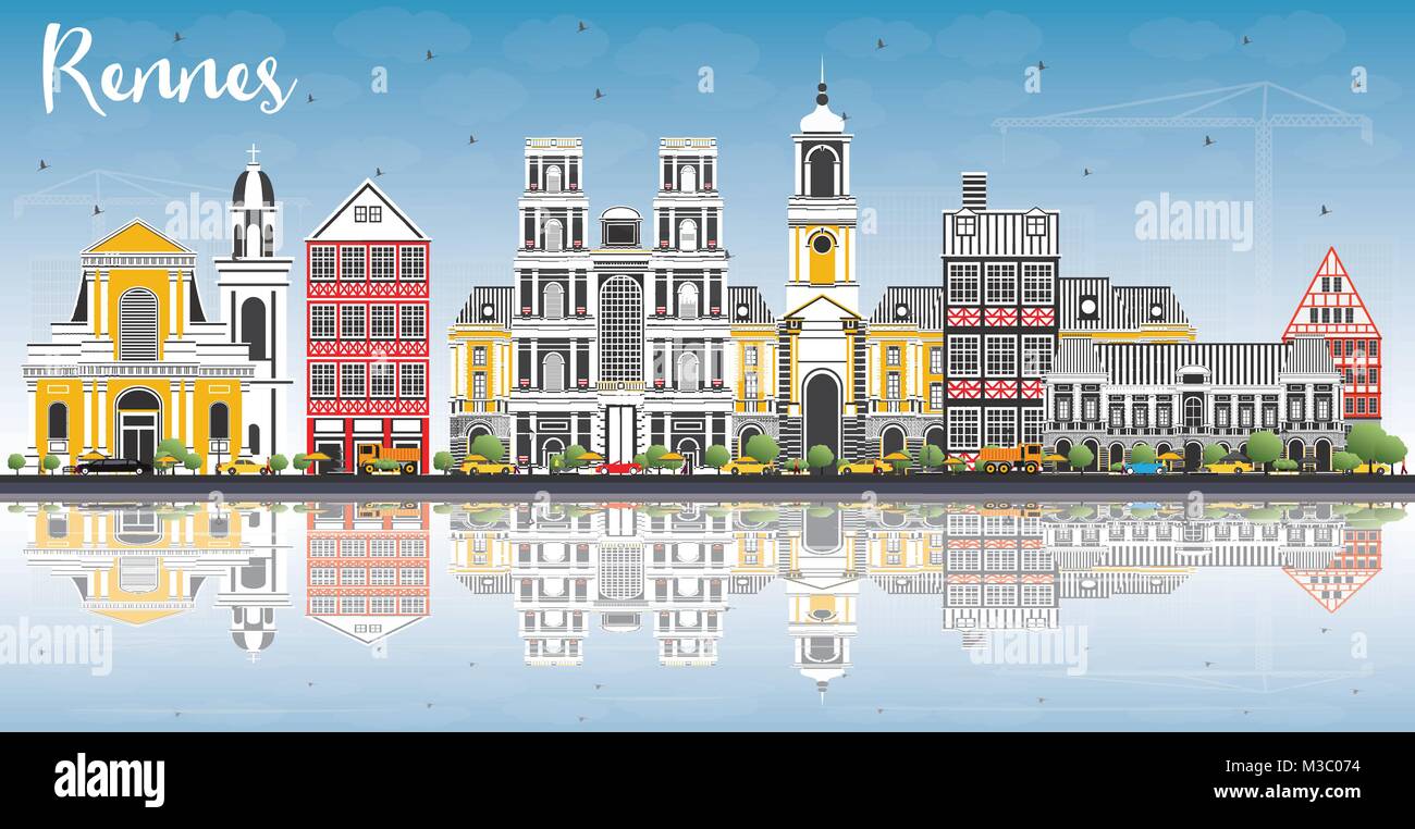Rennes France Ville avec des bâtiments, de couleur bleu ciel et les réflexions. Vector Illustration. Illustration de Vecteur