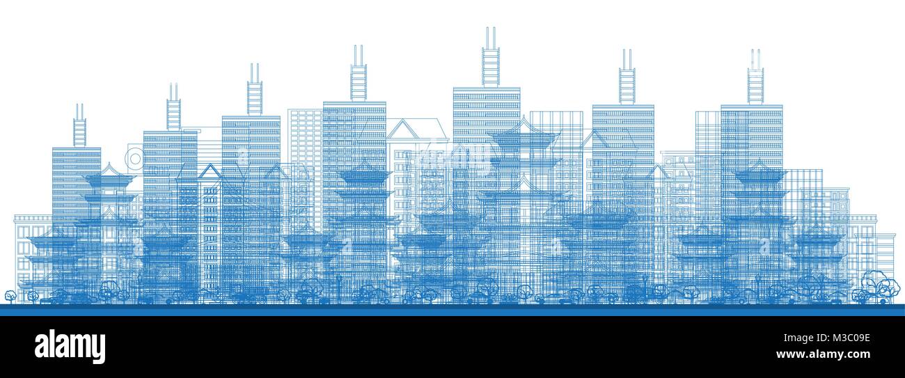 Contours gratte-ciel en bleu. Vector Illustration. Les voyages d'affaires et tourisme Concept. Illustration de Vecteur