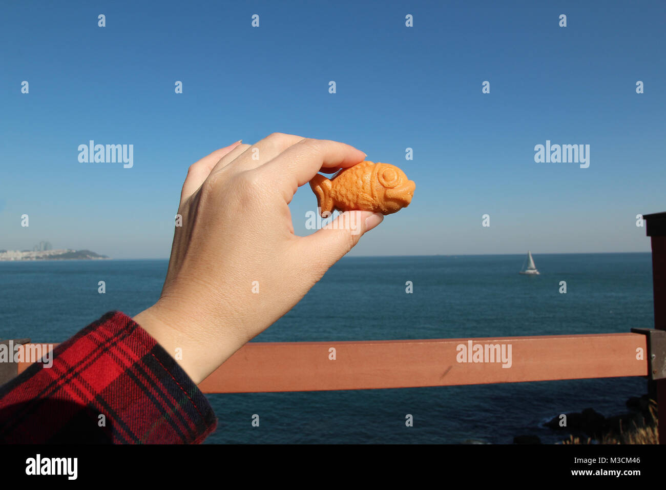 Main tenant une mini gaufre en forme de poisson avec de la crème anglaise le remplissage avec la mer en arrière-plan journée ensoleillée, Corée du Sud Banque D'Images