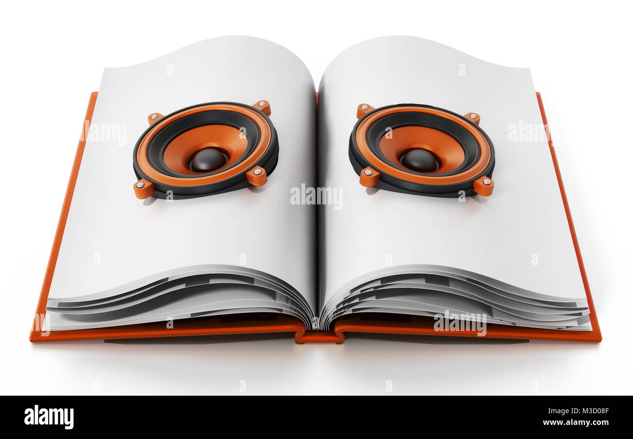 Livre audio avec haut-parleurs à livre ouvert. 3D illustration. Banque D'Images
