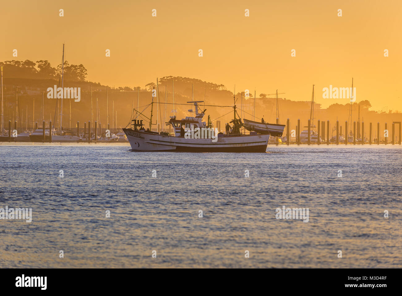 Bateau de pêche sur l'estuaire de la rivière Douro, dans la ville de Vila Nova de Gaia au Portugal Banque D'Images
