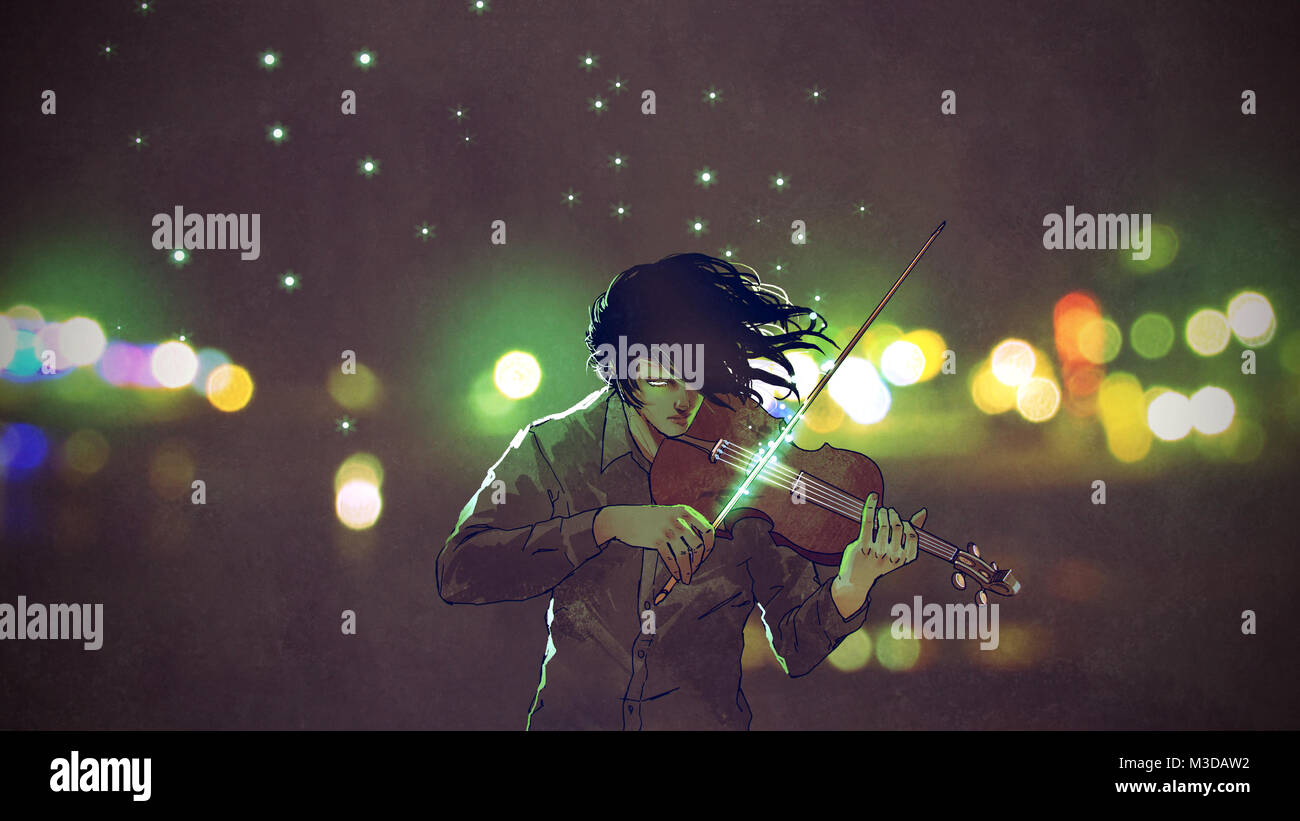 Homme jouant du violon magique dans une ville de nuit, en plein air, style art numérique peinture illustration Banque D'Images