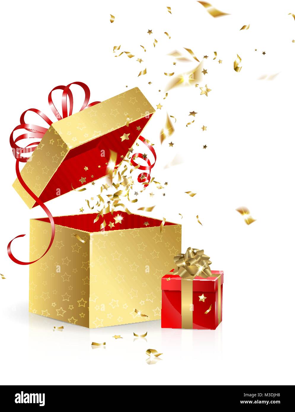 Boîtes cadeaux avec confetti or sur fond blanc Image Vectorielle Stock -  Alamy