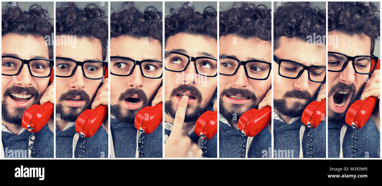 Bel homme l'évolution des émotions de plaisir de la colère tout en répondant au téléphone Banque D'Images
