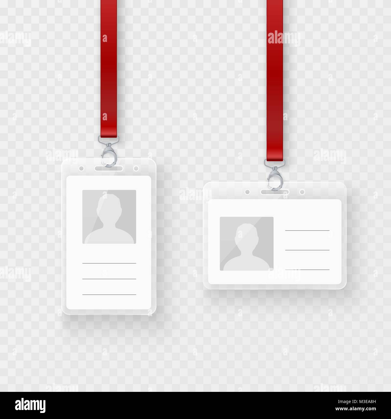 Renseignements personnels d'identification, les cartes d'identité en plastique blanc avec fermoir et cordon. ID design de carte plastique vide. Vector illustration isolé sur transparent Illustration de Vecteur