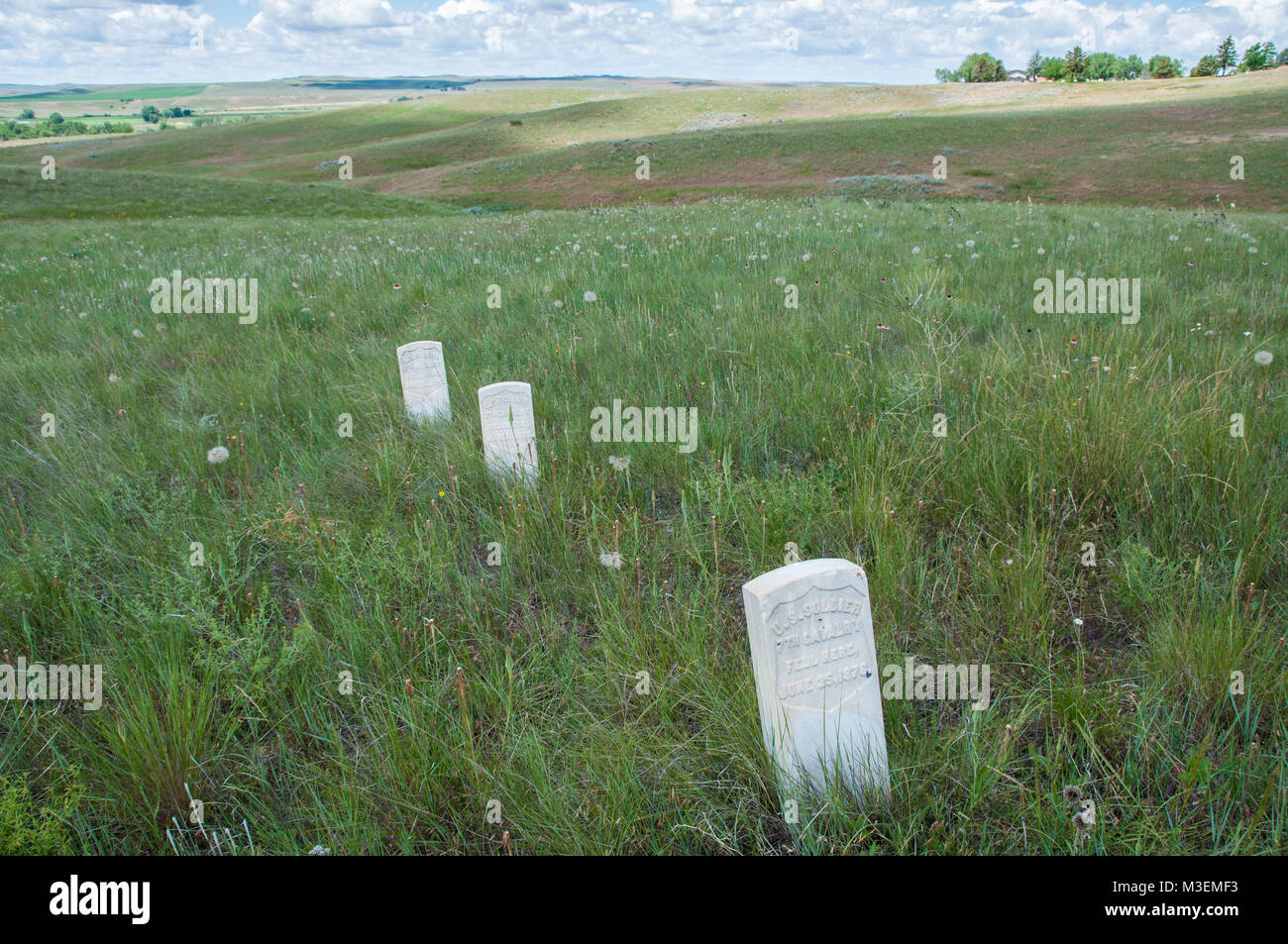 Crow Agency, MT - 6 juillet 2010 : Marqueurs montrent l'endroit où les soldats américains ont diminué au cours de la bataille de Little Bighorn. Banque D'Images