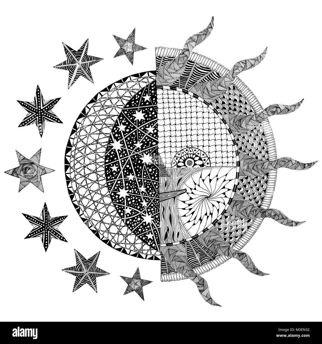 Lune et Soleil Zentangle / Design Doodle Banque D'Images
