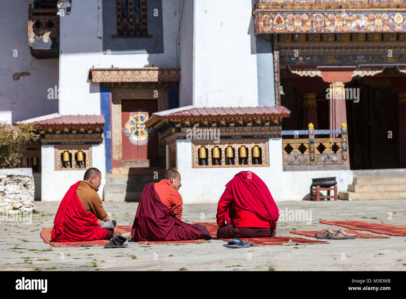 Le Bhoutan, Phobjikha. Les moines bouddhistes siégeant en cour de Gangte Goemba (monastère). Banque D'Images