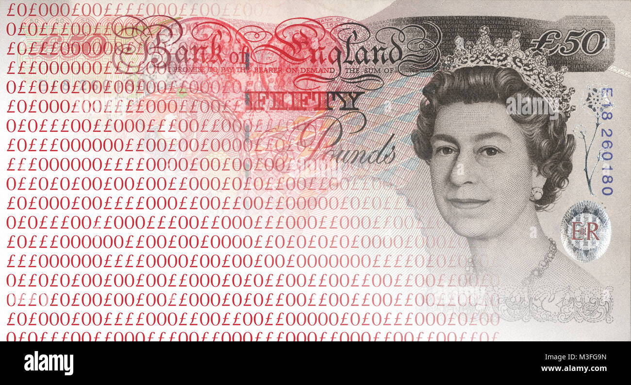 Devises numériques image conceptuelle de la 50 Pound note en code numérique en utilisant le symbole dièse au lieu de zéros et de uns vieux contre de l'argent Banque D'Images