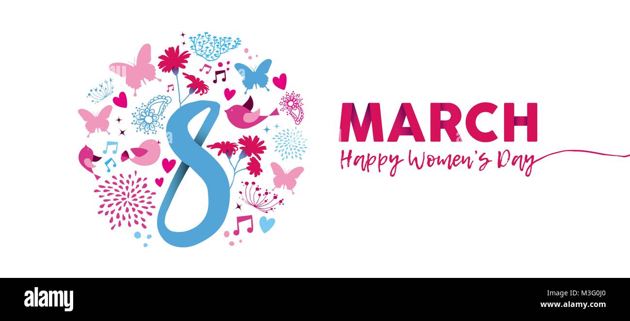 Heureuse Journée de la Femme 2018 illustration floral design féminin, avec texte et citer 8 mars Printemps rose décoration en style dessiné à la main. Carte horizontale Illustration de Vecteur