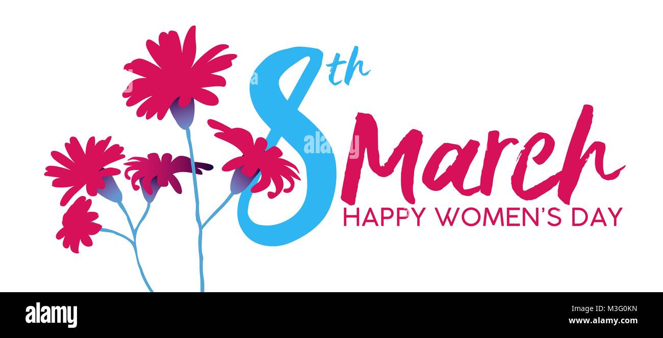 Heureuse Journée de la Femme 2018 illustration floral design féminin, avec texte 8 mars devis et fleur rose en décoration style dessiné à la main. Carte horizontale Illustration de Vecteur