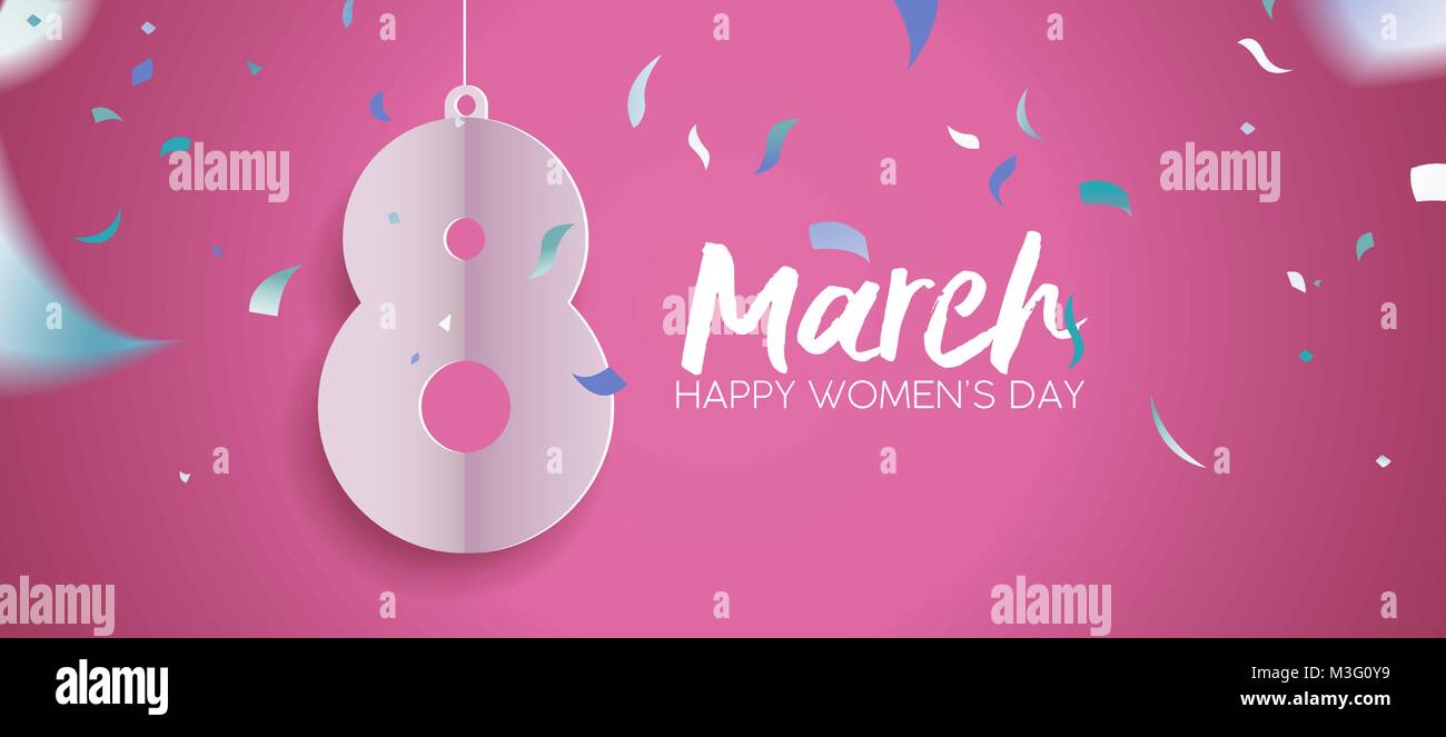 Heureuse Journée de la Femme 2018 bannière web illustration, papier coupé 8 mars signe avec fête confetti et typographie citer. Fun célébration design en couleur rose. Illustration de Vecteur
