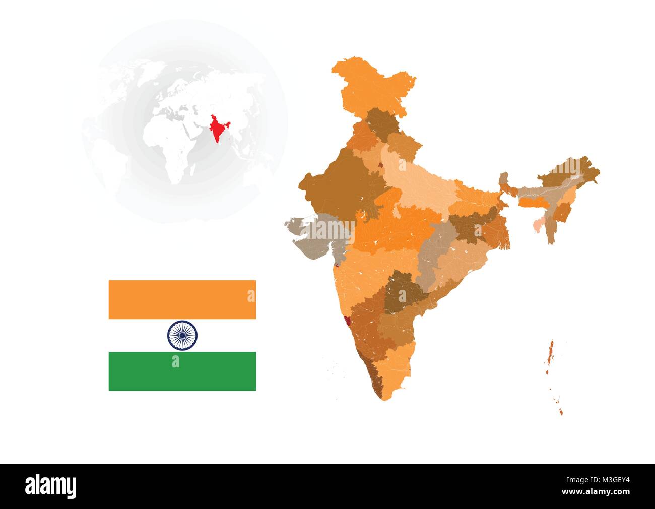 Carte de l'Inde avec des rivières et des lacs, le drapeau de l'Inde, carte du monde en arrière-plan. La carte se compose de cartes distinctes des états fédéraux et territoire de l'Union européenne Illustration de Vecteur