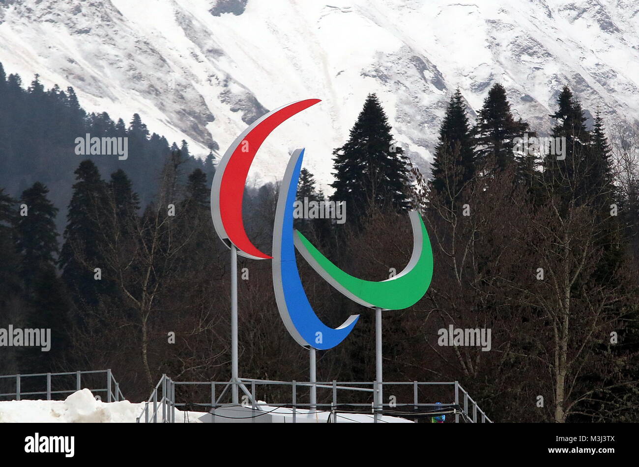 Paralympisches Zeichen bei den paralympiques Sotschi 2014 / 2014 Jeux paralympiques d'hiver de Sotchi Banque D'Images