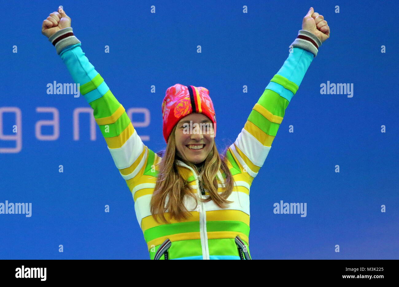Anna Schaffelhuber fünffache Goldmedaillengewinnerin, bei den paralympiques bei der Siegerehrung à Rosa Khutor Ski Alpin 6. Jeux paralympiques Jeux paralympiques Tag Sotschi Sotschi 2014 / 2014 Jeux paralympiques d'hiver de Sotchi Banque D'Images