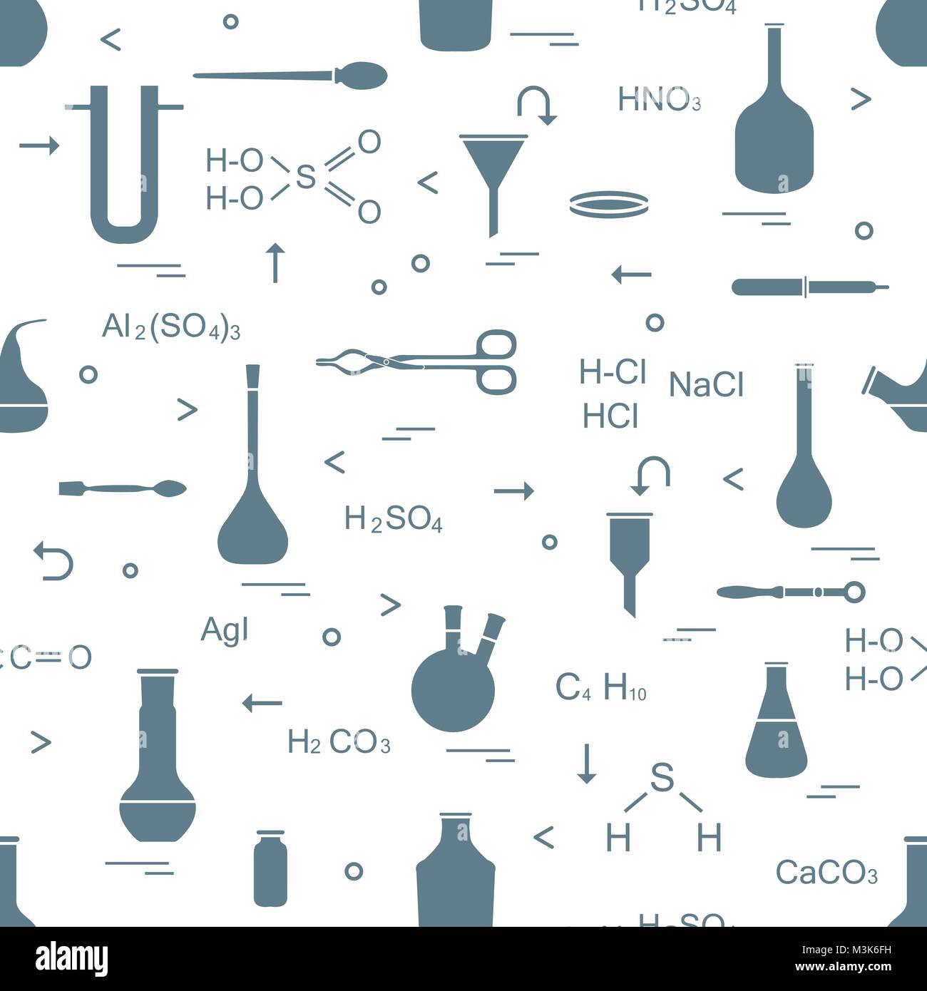 Avec des armes chimiques, biologiques, la science, l'éducation et de la recherche éléments : flacons, formules, bécher, entonnoir, tube en forme de U, pétri, compte-gouttes, Illustration de Vecteur