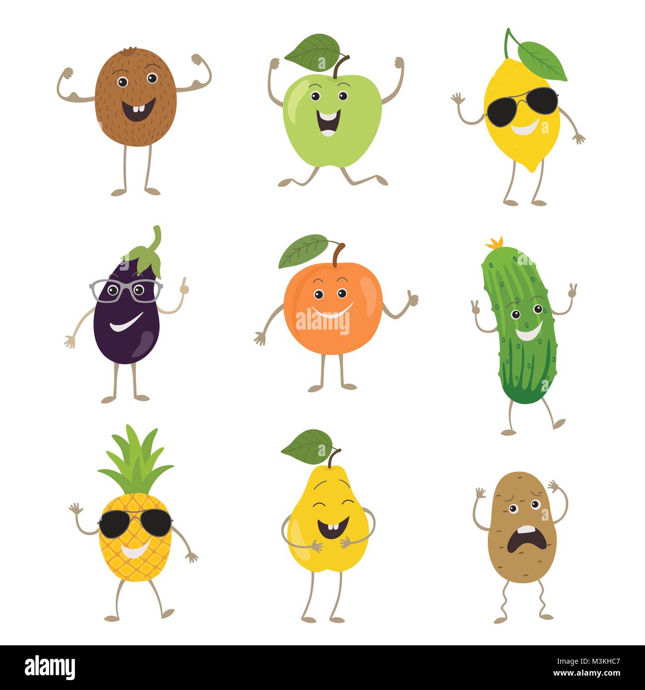 Drôle de fruits et légumes avec des coups de mains des yeux et émotions set Illustration de Vecteur