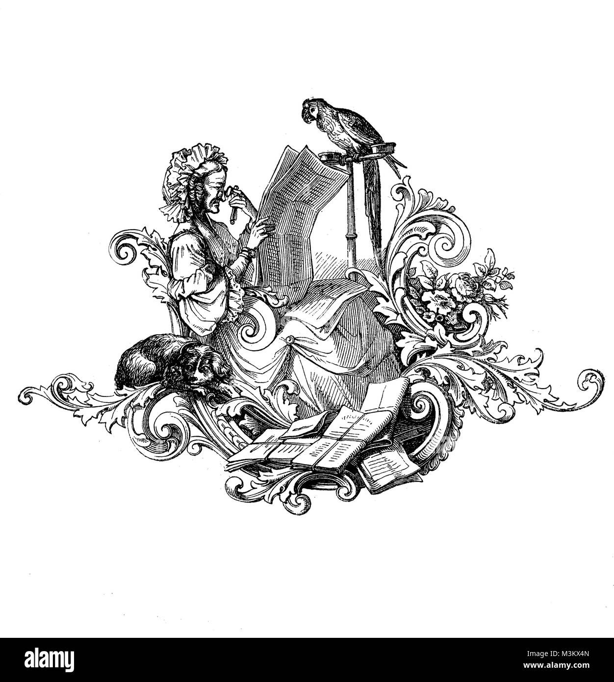 Vintage décoration graphique : vieille femme sièges lire le journal en compagnie de chien et perroquet Banque D'Images