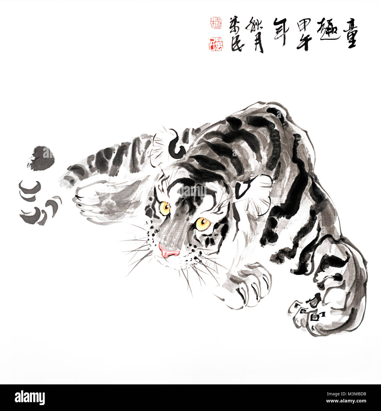 L'encre d'origine peinture d'un tigre chinois, avec des signes chinois de calligraphie Banque D'Images