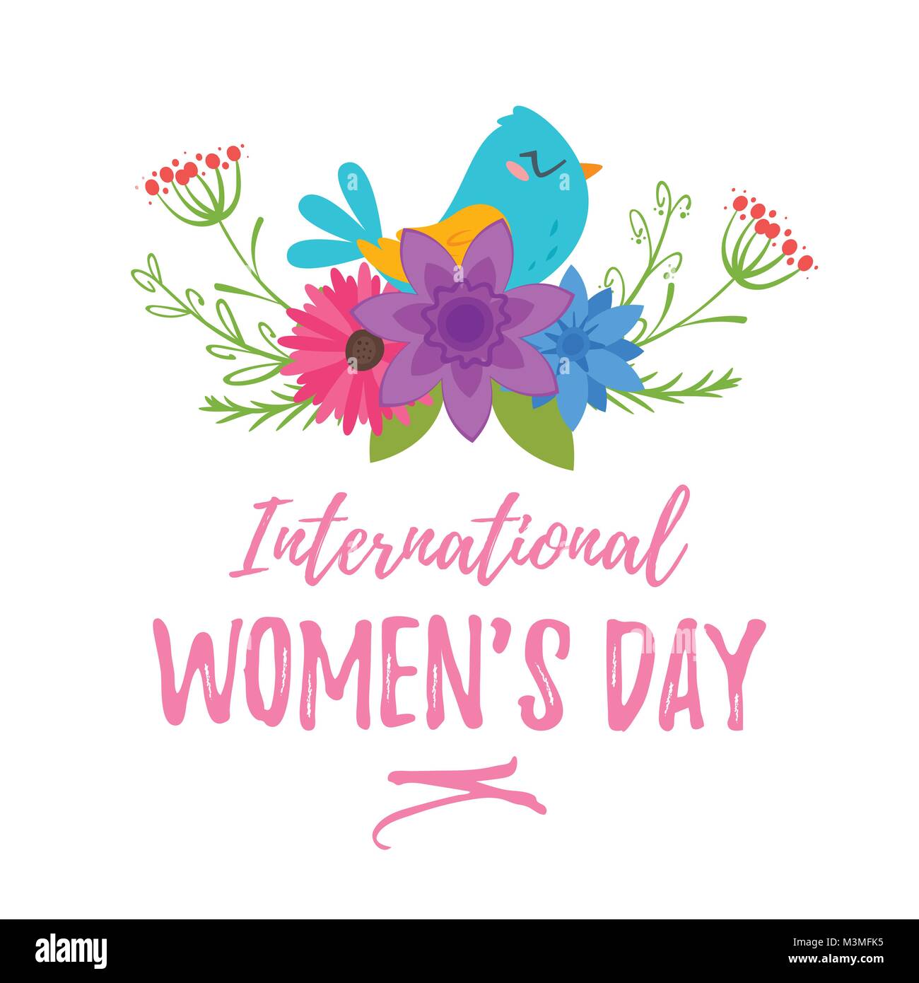Vector cartoon style 8 mars Journée internationale des femmes carte de souhaits avec fleurs et oiseaux sur fond blanc. Illustration de Vecteur