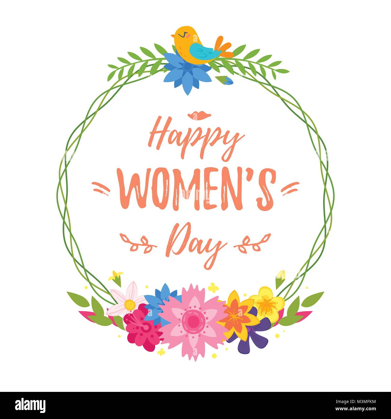 Vector cartoon style 8 mars Journée internationale des femmes carte de souhaits avec couronne de fleurs sur fond blanc. Illustration de Vecteur