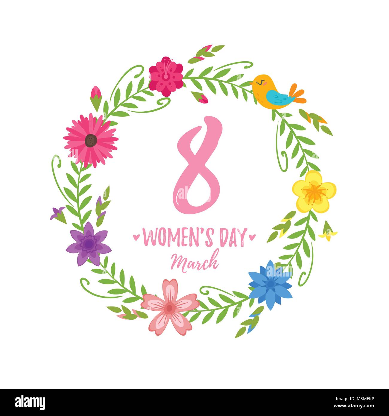 Vector cartoon style 8 mars Journée internationale des femmes carte de souhaits avec couronne de fleurs sur fond blanc. Illustration de Vecteur