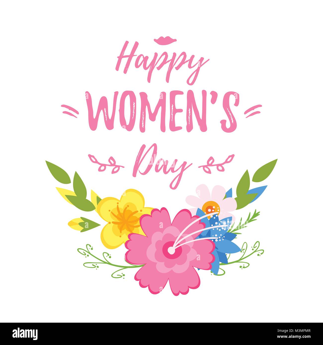 Vector cartoon style 8 mars Journée internationale des femmes carte de souhaits avec des fleurs sur fond blanc. Bonne journée de la femme texte. Illustration de Vecteur