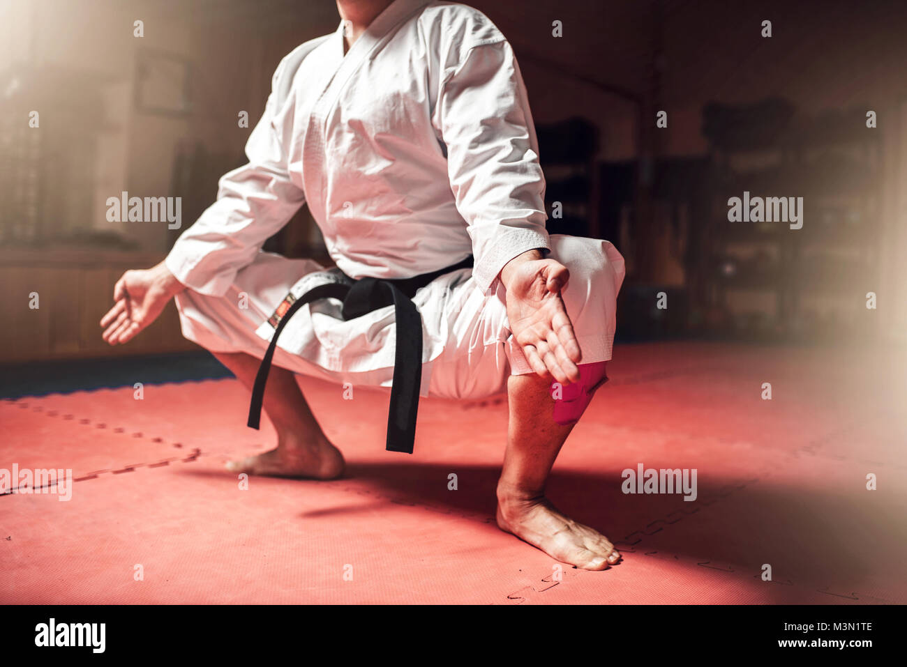 Les arts martiaux, karaté master en kimono blanc et black belt formation méditation in gym Banque D'Images