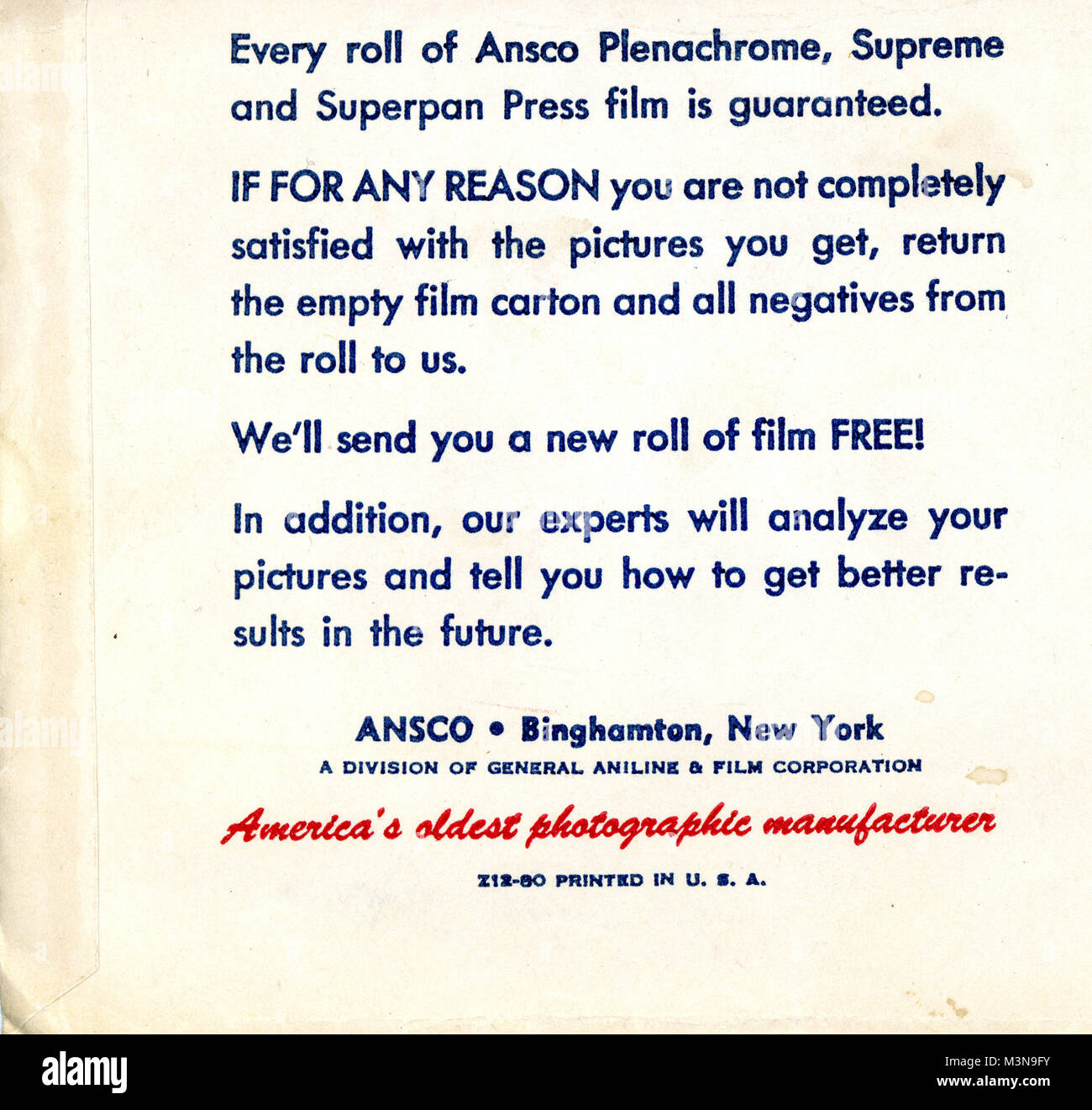 Film Ansco paquet du 40 Nombre 3677 Banque D'Images