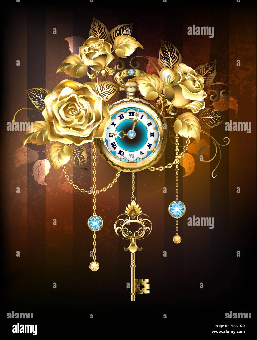 Or, l'horloge ancienne avec de l'or, les bijoux roses sur un fond rayé marron. Style Steampunk. Rose d'or. Illustration de Vecteur