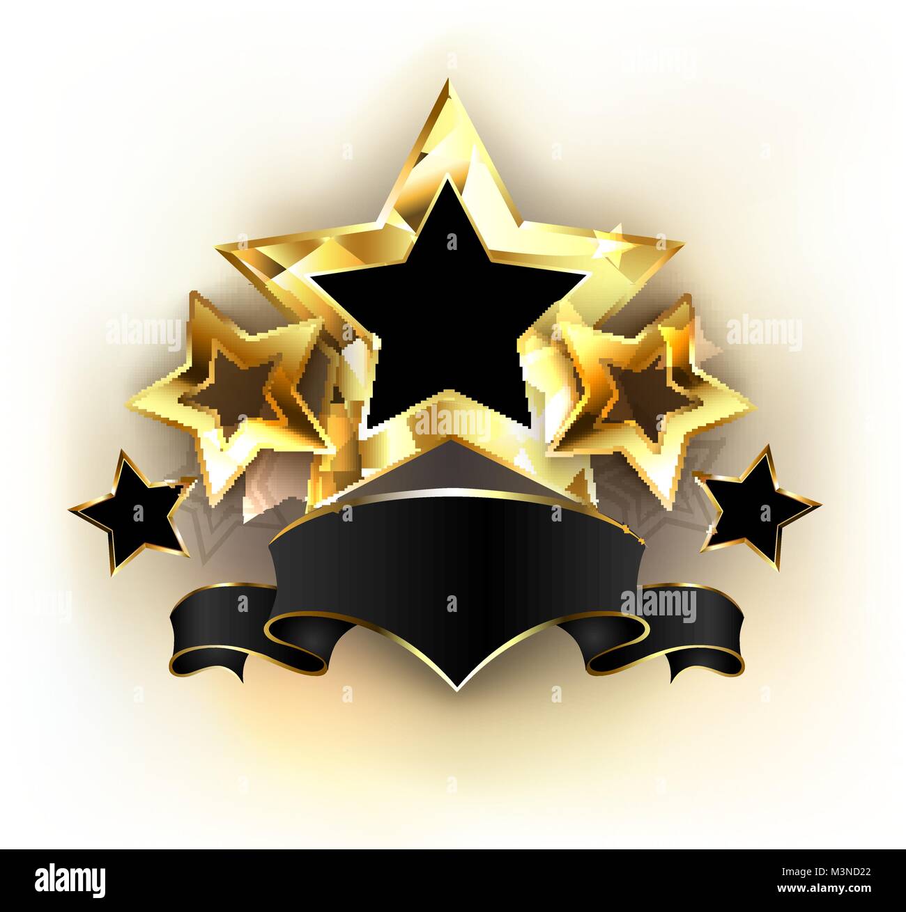 Cinq étoiles d'or avec ruban de velours noir sur fond blanc. Conception avec étoiles d'or. Concept de l'excellence. Illustration de Vecteur