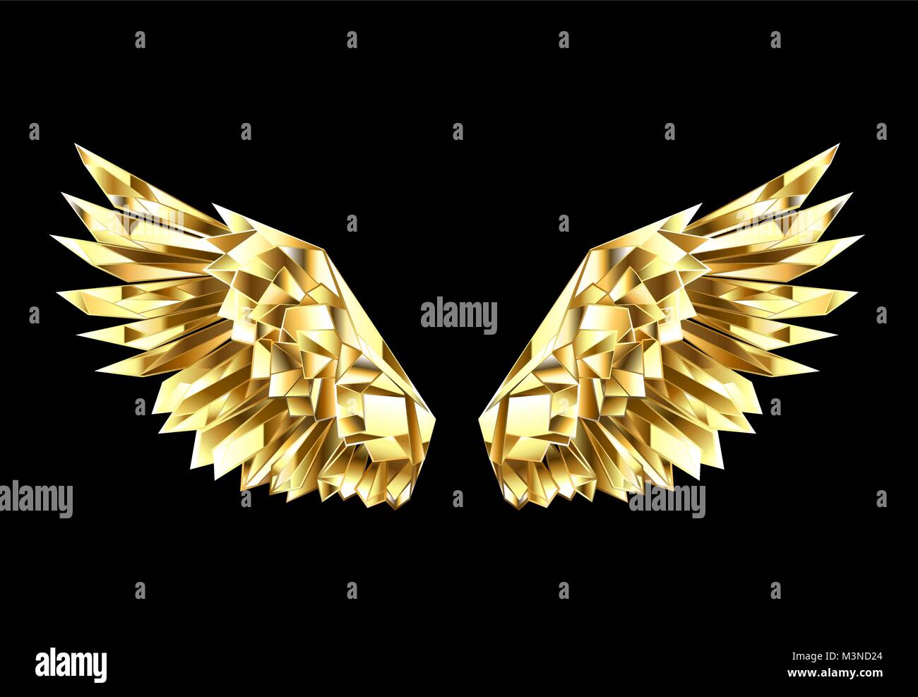 Or, de multiples facettes polygonales, les ailes sur un fond noir. Golden Wings. Illustration de Vecteur