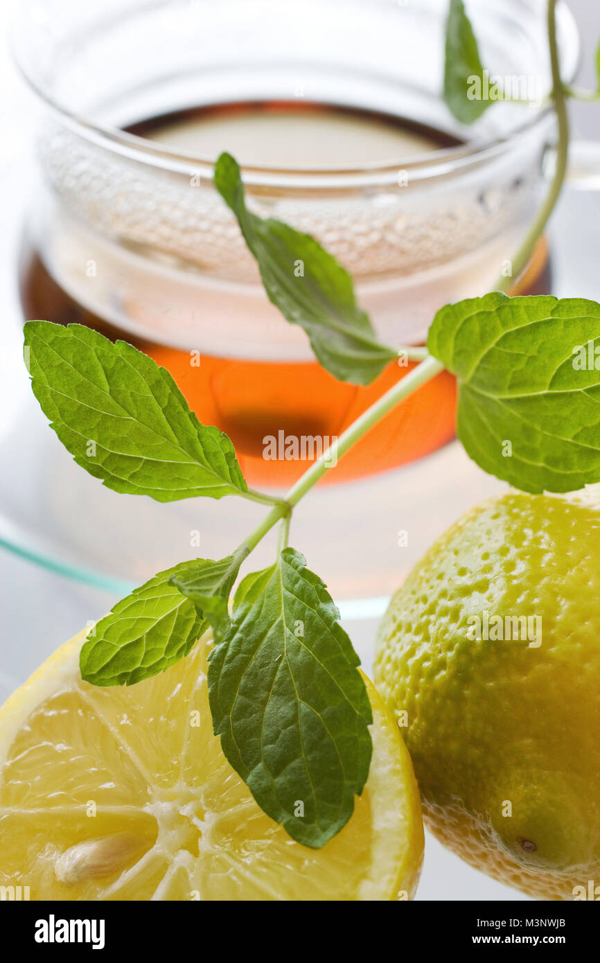 Thé dans la tasse en verre avec du citron et feuilles de menthe fraîche - guérison à base de thé comme remède fait maison Banque D'Images