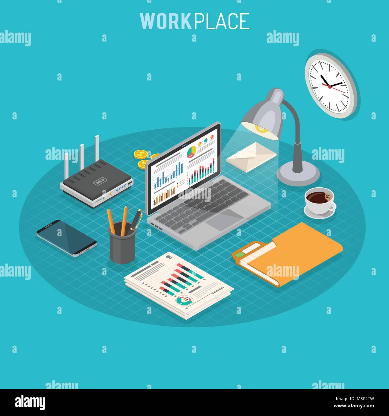 Lieu de travail Concept isométrique Illustration de Vecteur