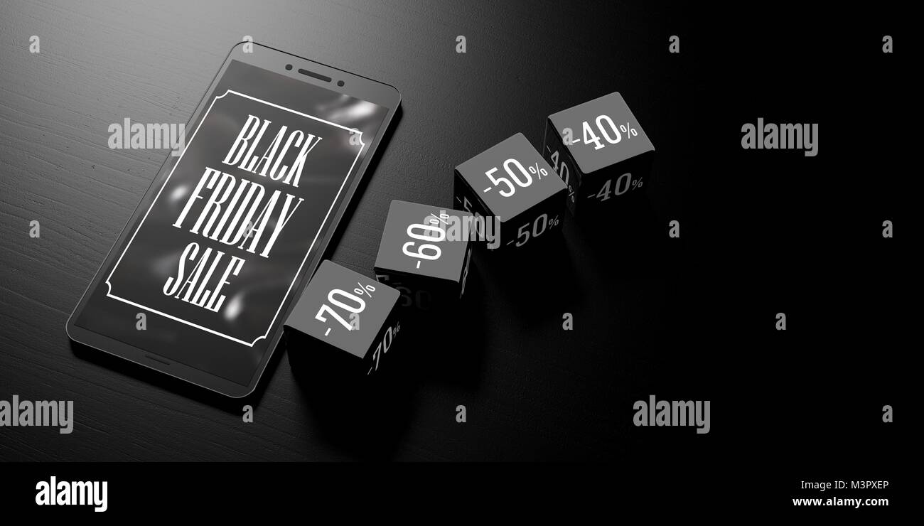 Le vendredi noir vente sur un écran de smartphone et les cubes avec un rabais sur un fond en bois noir, bannière, copiez l'espace. 3d illustration Banque D'Images
