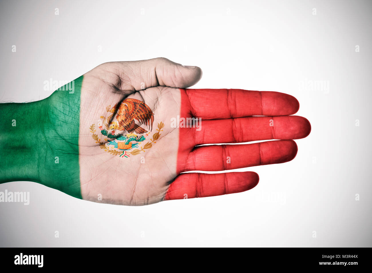 La paume d'un jeune homme de race blanche, avec le drapeau du Mexique, contre un fond blanc avec un léger vignettage ajouté Banque D'Images
