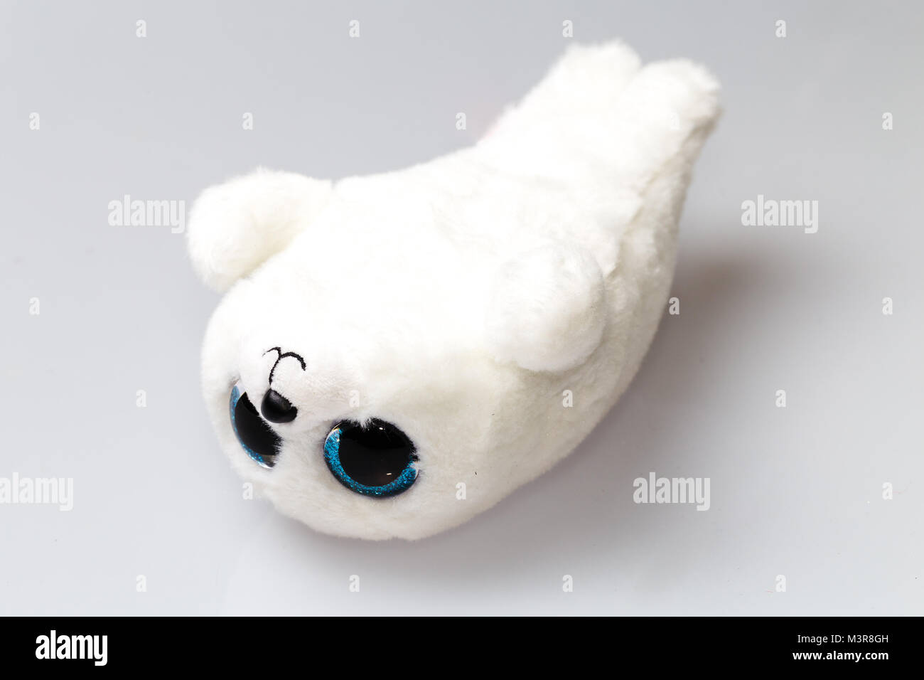 Une peluche b b phoque blanc avec de grands yeux bleus. Poilu