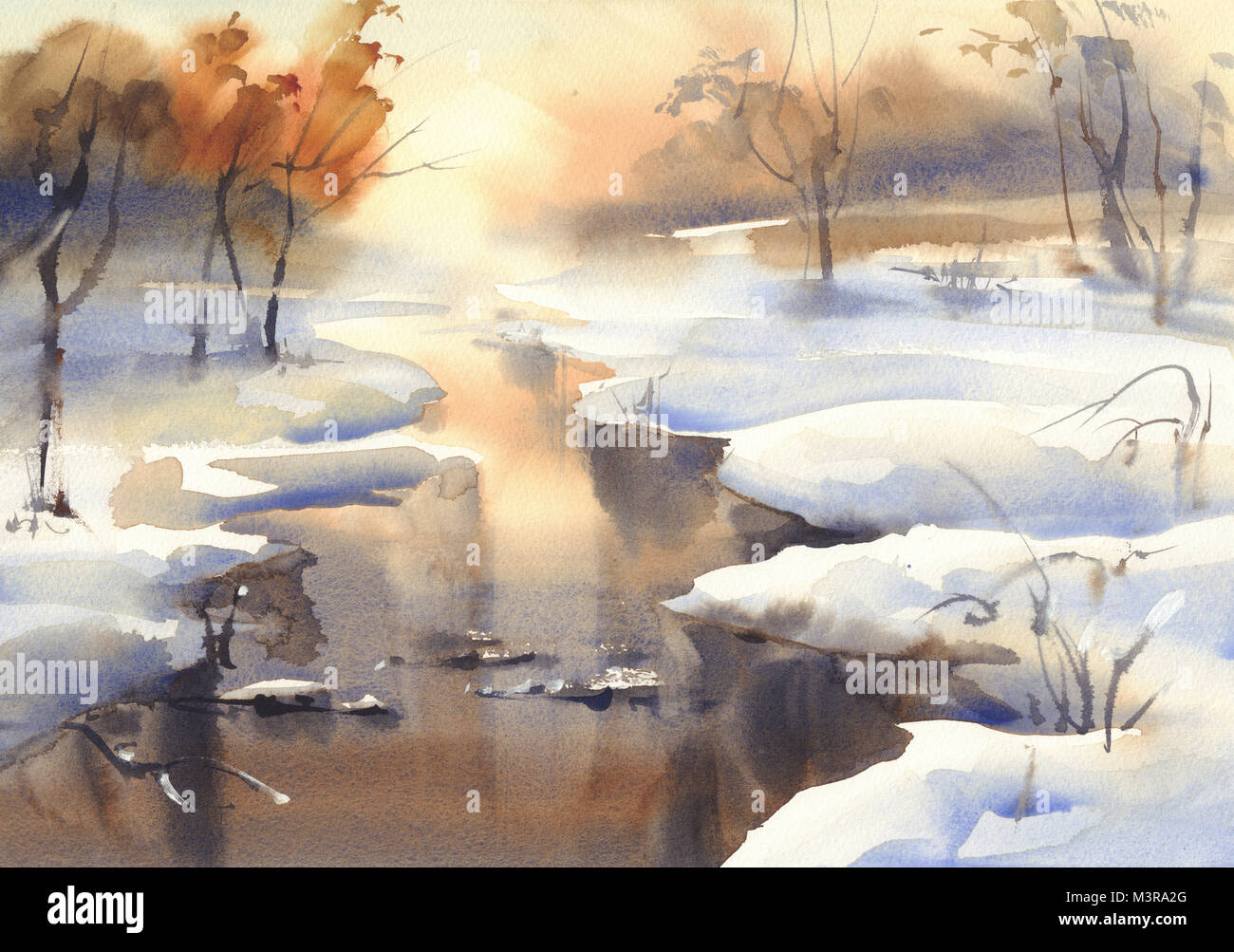 Paysage d'hiver avec une rivière aquarelle Banque D'Images