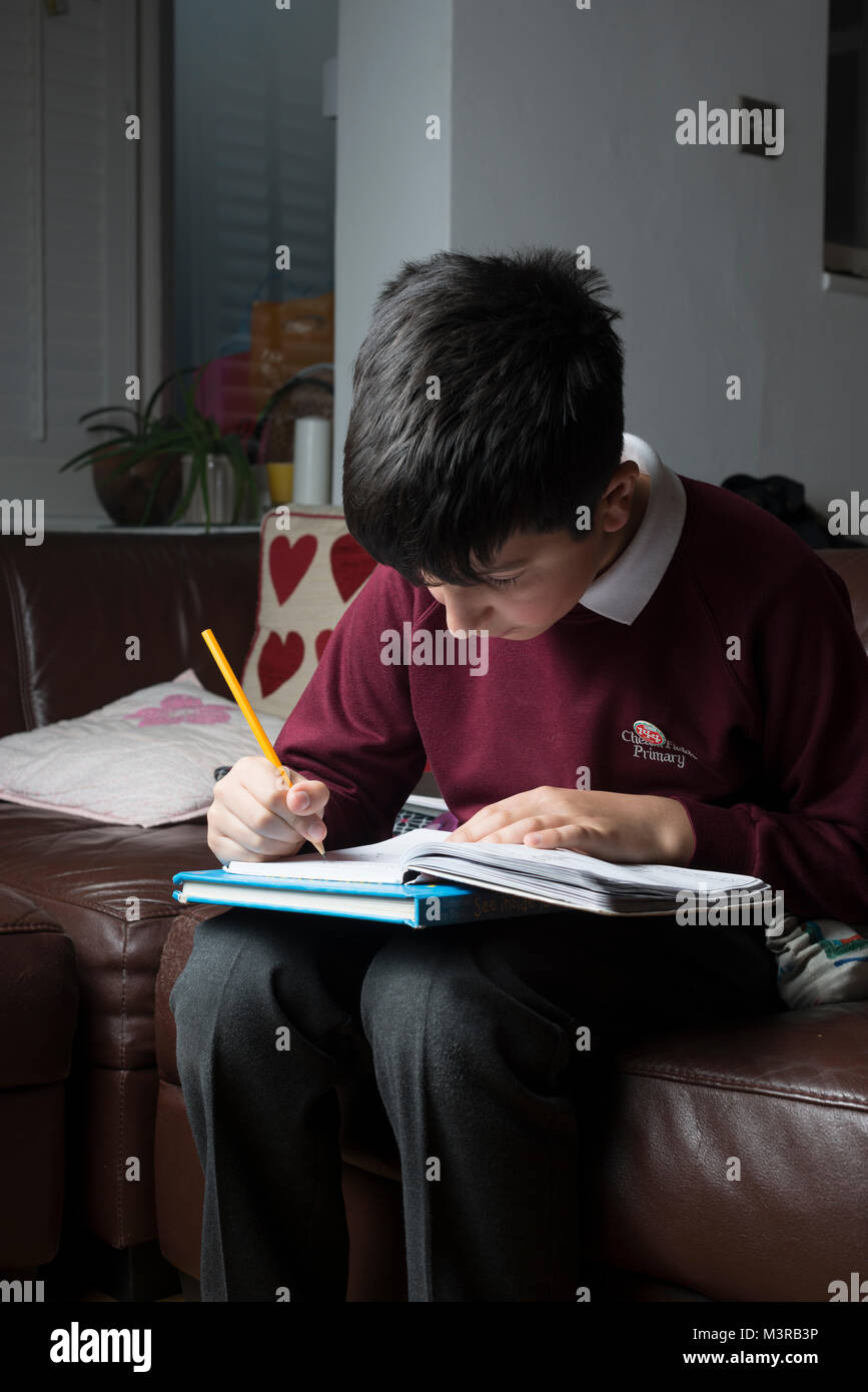 Primary schoolboy travaille sur ses devoirs à la maison, Surrey, Royaume-Uni Banque D'Images