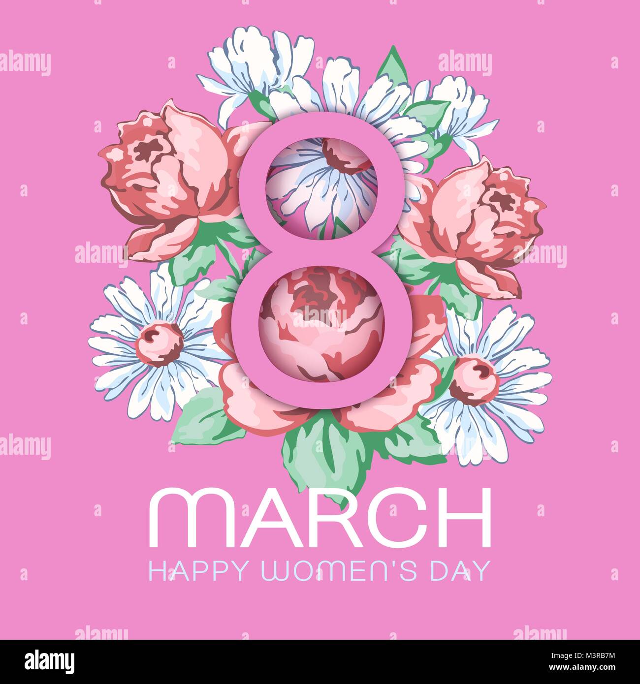 8 mars. Bonne journée de la femme carte de souhaits, floral, fond vecteur de bannière. 8 rose sur un ornement floral dessiné à la main à partir de fleurs de roses et c Illustration de Vecteur