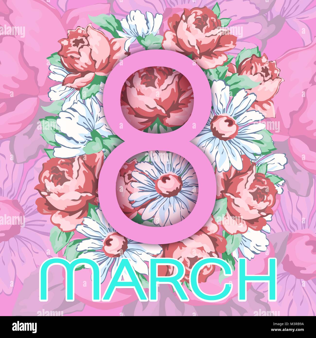 8 mars. Bonne journée de la femme carte de vœux, vecteur de bannière floral. 8 rose sur un ornement floral dessiné à la main à partir de fleurs de roses et de camomille Illustration de Vecteur
