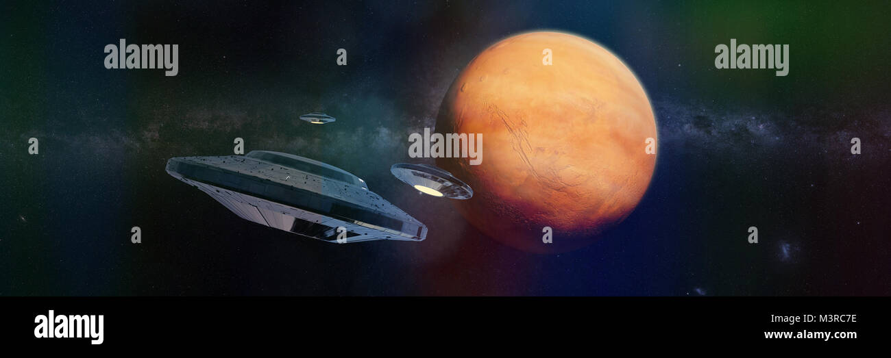 Les ovnis en orbite de la planète rouge Mars (espace 3d illustration bannière, éléments de cette image sont meublées par la NASA) Banque D'Images Les ovnis en orbite de la planète rouge Mars (espace 3d illustration bannière, éléments de cette image sont meublées par la NASA) Banque D'Images