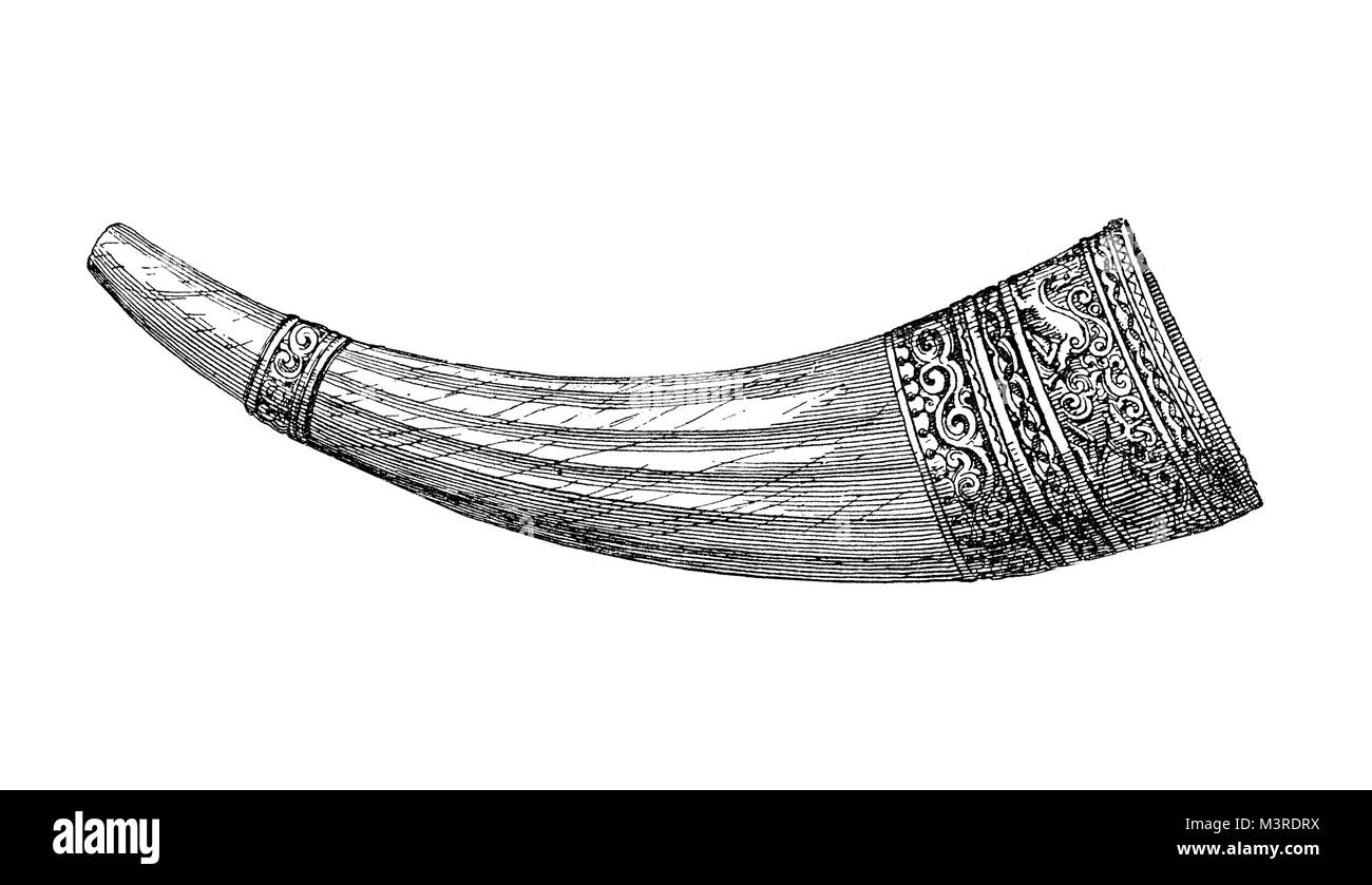 Olifant en ivoire médiévale,cor de chasse faite d'elephant tusk, propriété de saint empereur romain Charles le Grand ou Charlemagne à Aix-la-Chapelle gardée,cathédrale Banque D'Images