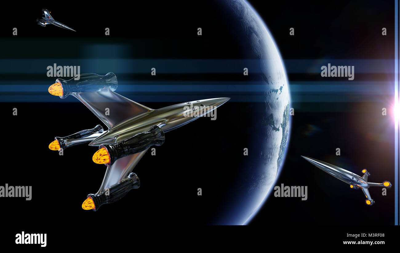 Des vaisseaux spatiaux en orbite de la planète Terre, le trafic de fusée (3d illustration, les éléments de cette image sont meublées par la NASA) Banque D'Images