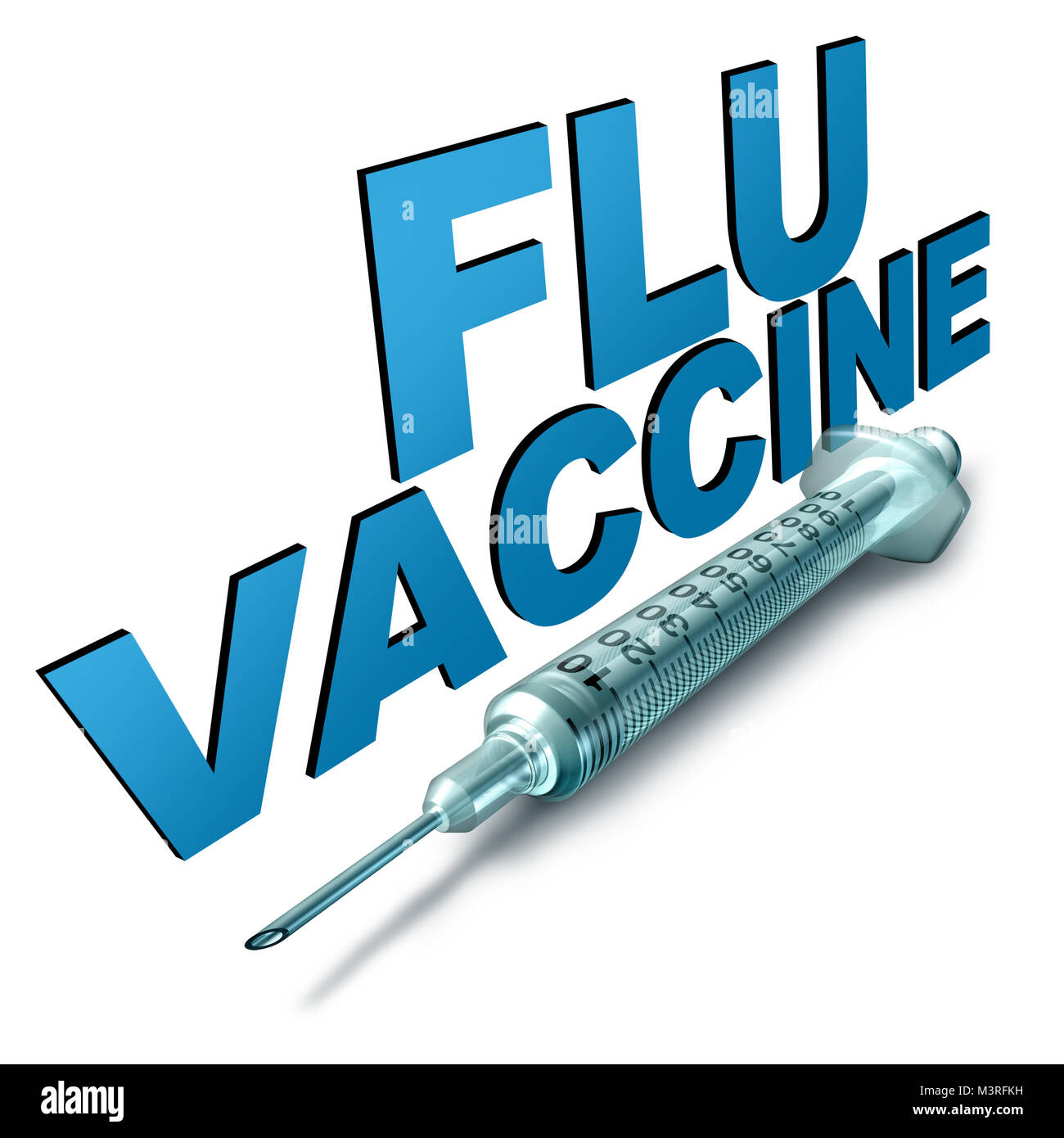 Vaccin contre la grippe et contre la maladie comme un symbole de traitement medical seringue avec le texte comme médicament pour la protection contre les virus saisonniers. Banque D'Images