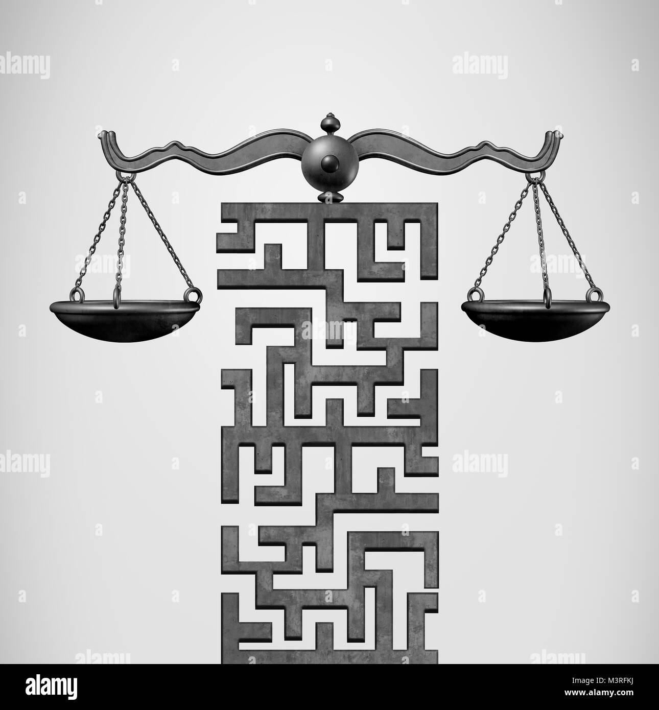 Solution de la Justice et direction juridique comme un concept en forme d'échelle de la justice comme un labyrinthe ou comme un labyrinthe 3D illustration. Banque D'Images