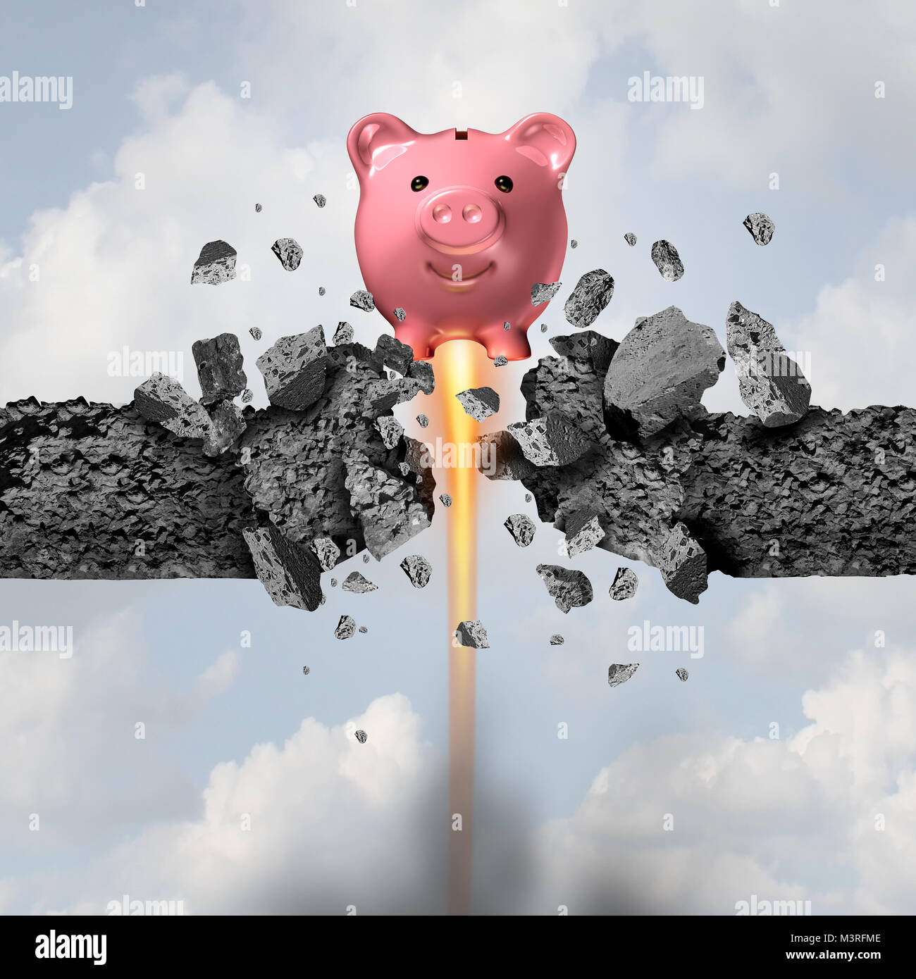 La solidité financière et la liberté économique d'avion concept comme une tirelire à l'explosif à travers un obstacle de ciment comme une métaphore d'épargne bancaire. Banque D'Images