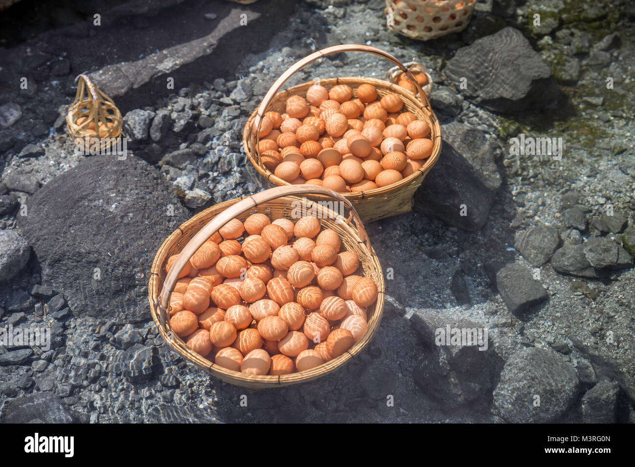 De grands paniers de nombreux oeufs bouillis dans de l'eau minérale chaude claire étang de hot spring. Banque D'Images