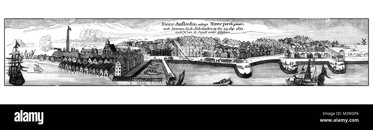 Gravure de Vintage New Amsterdam, puis New York, de la mer, XVII siècle Banque D'Images