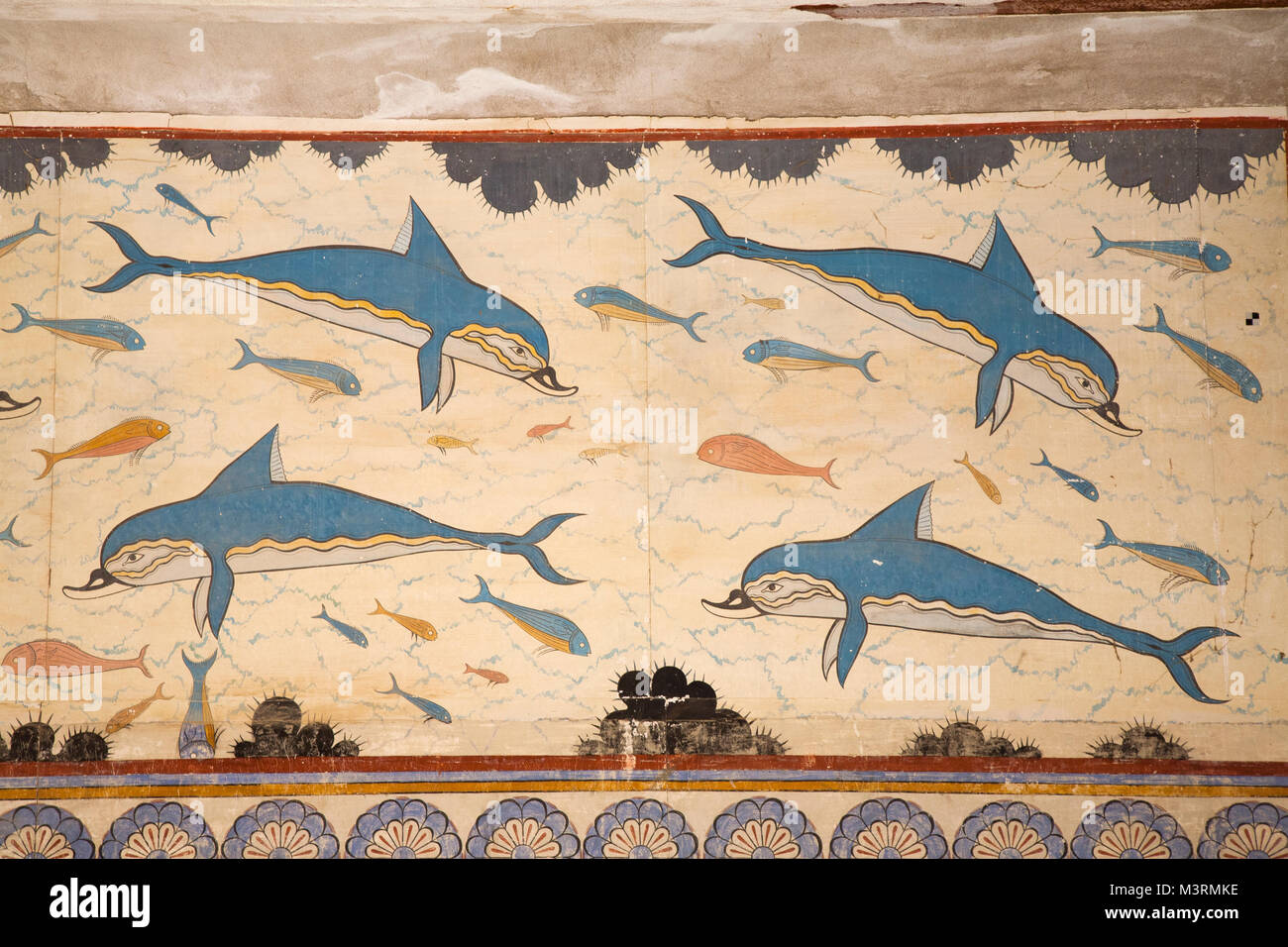 Fresque des dauphins, Reine Megaron, Knossos Palace site archéologique, l'île de Crète, Grèce, Europe Banque D'Images